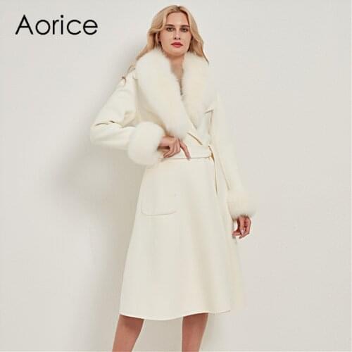 Aorice Women Real Fur Coat With Fox Fur Collar Cuffs Lady Female Girl Winter Blet X-long Trench Parka CT032