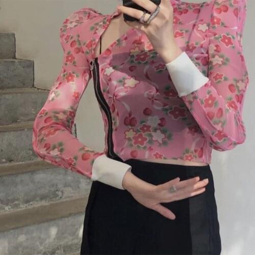 Retro Improved Cheongsam Asymmetrical Tailoring Printed Zipper Mesh Slim Long Sleeve Pink Crop Shirt Top Fashion Clothes
