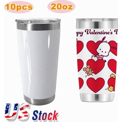 10pcs 20oz White Blank Sublimation Stainless Steel Beer Tumbler with Sliding Drinking Lid and Plastic Straw