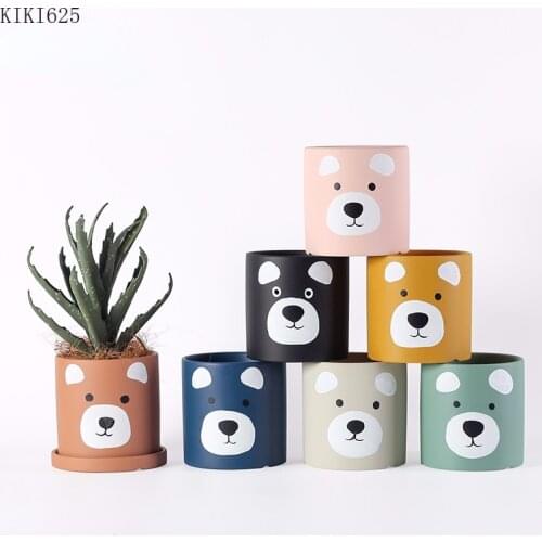 Painted Cartoon Bear Flower Pot with Tray Succulent Cactus Plant Potted Decoration Cute Animal Round Flower Pot Home Decoration