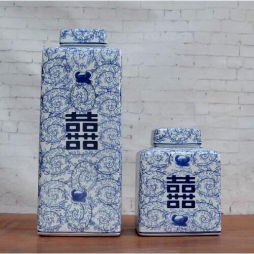 European Blue And White Porcelain Decorative jar Square Ceramic Pot With lid ceramic storage jar