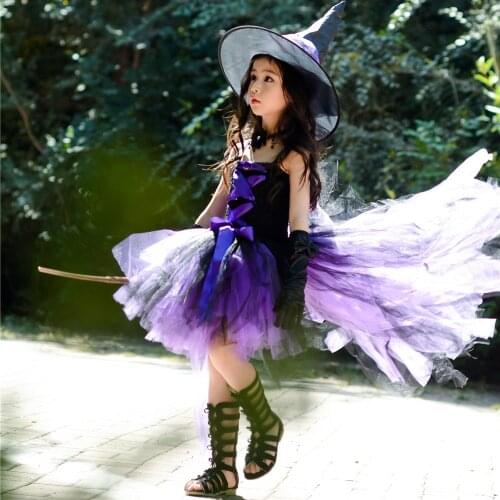 Purple Kids Girls Halloween Fairy Party Dresses with Hat Black Witch Toddler Baby Girls Birthday Cosplay Costumes Children Dress