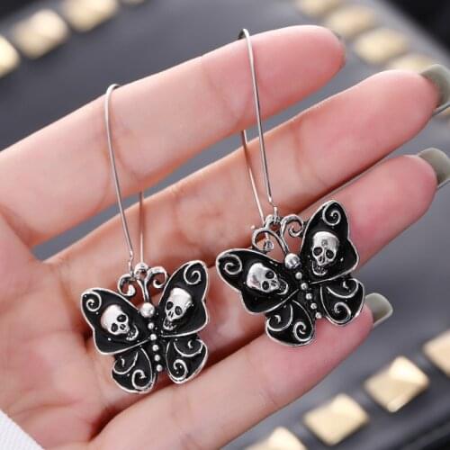 Gothic Butterfly Skull Pendant Womens Earrings Metal Punk Pendant Earrings Ladies Simple Style Jewelry Friends Gifts Wholesale