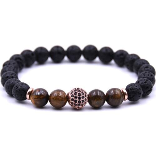 Classic Round Ball with Cubic Zirconia Bracelets Accessory Fashion Natural Lava Stone 8MM Tiger Eye Beads Strand Bangles ZB156