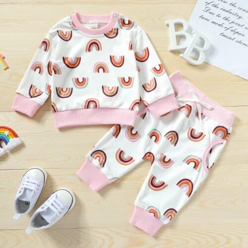 2Pcs Baby Girl Outfit Set Newborn Toddler Girls Clothes Rainbow Print Set Long Sleeve O-neck Pullover Drawstring Waist Trousers