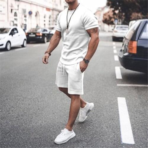 Summer New Men Casual Shorts Sets Short Sleeve T Shirt +Shorts Solid Street Male Tracksuit Set Mens Brand Clothing 2 Pieces Set