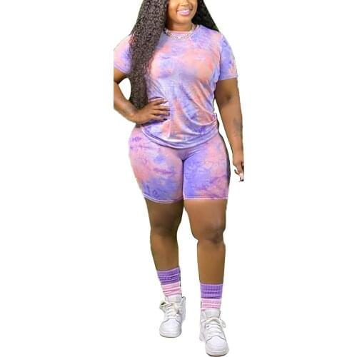Oversize Plus Size Fashion New Clothes Suits Wear Women Two-piece Oversize Clothes Set Tie-dyed Printed Pattern T-shirt Shorts