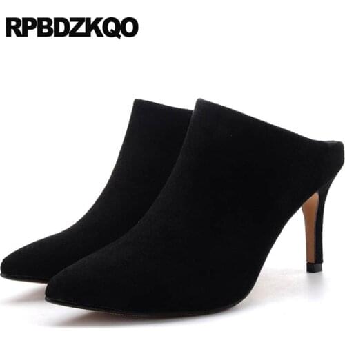 Mules Slipper Stiletto Pumps Sandals Cool Plus Size Luxury Women Shoes Catwalk Suede Pointed Toe Ultra Extreme Black High Heels