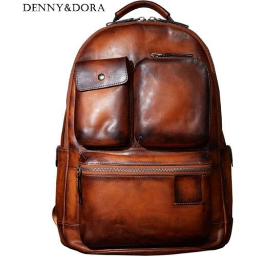 Mens Cow Leather Backpack Luxury Leather Bag Simple Military Style