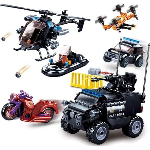 City car Police SWAT Team building blocks set Helicopters Truck Boat Motorcycle drone model kit DIY enlighten toys for kids gift
