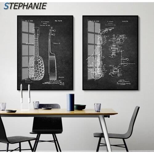 Music Wall Art Picture Guitar Violin Vintage Posters N Prints Black and White Industrial Style Canvas Painting Gift Home Decor