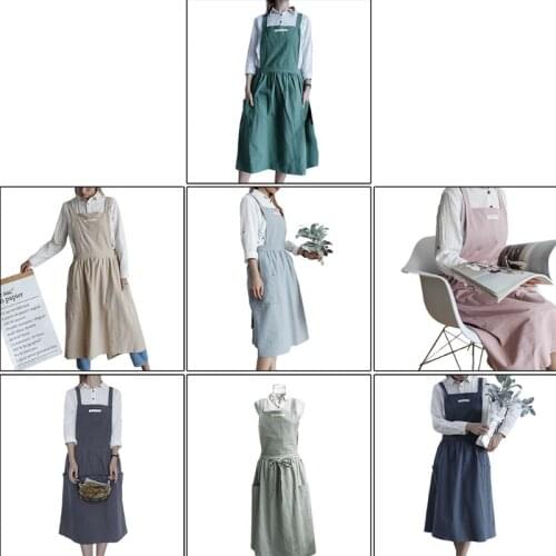 Nordic Pleated Skirt Apron Cotton Linen Bib With Pocket Flower Coffee Shop Cooking Baking Crafting Gardening Serving K0AB