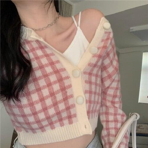 Casual Pink Plaid Short Cardigan Sweaters Women Button Long Sleeve Sweater Autumn Winter Sweet Knitted Sweater 2021 New Fashion