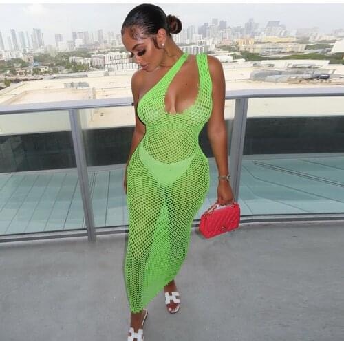 Sexy Party Club Bodycon Summer Womens Dress 2021 Clothing Hollow Out See Through Mesh Midi Dress Female Streetwears