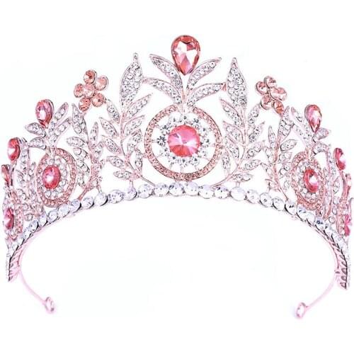 Bridal Wedding Sweet Pink Color Hair Jewelry Ladies Floral Leaves Crystal Tiaras Crown Women Elegant Rhinestone Dress Headpieces