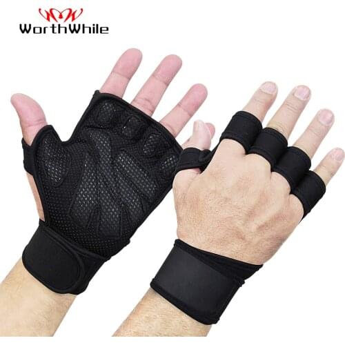 WorthWhile Half Finger Gym Fitness Gloves Hand Palm Protector with Wrist Wrap Support Crossfit Workout Power Weight Lifting