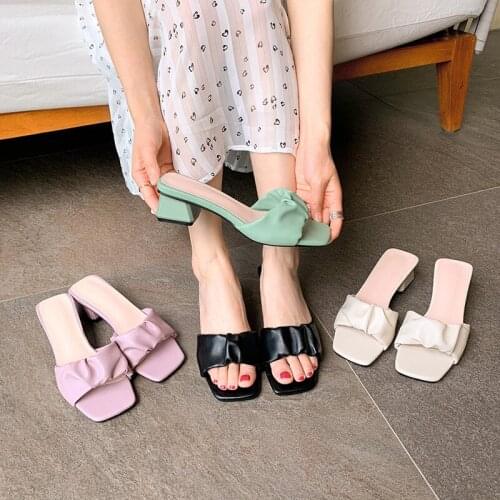 YQBTDL 2020 Fashion Plus Size Summer Pleated Woman Slippers Green Purple Black Beige Block High Heel Slides Womens Shoes Elegant