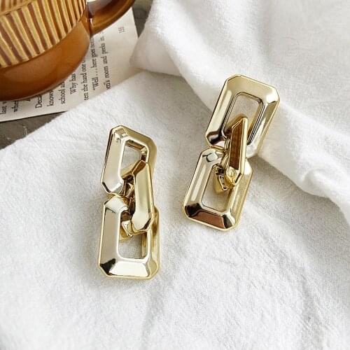 Origin Summer Korean Fashion Gold Color Square Chunky Chain Earrings for Women Exquisite Geometric Hollow Metal Dangle Earrings