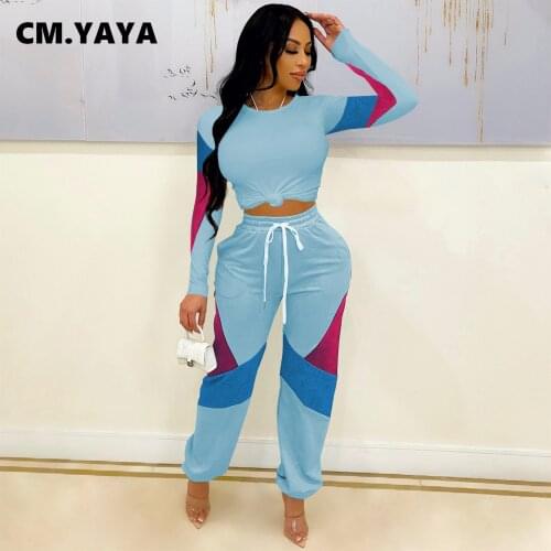 CM.YAYA Women Two Piece Set Print O-Neck Long Sleeves Top&Long Loose Pants Suit Set