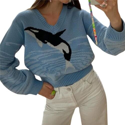 Women Knitted Sweater Pullover Long Sleeve Crewneck Dolphin Oversized Knitwear Harajuku Aesthetic E-Girl 90s Streetwear