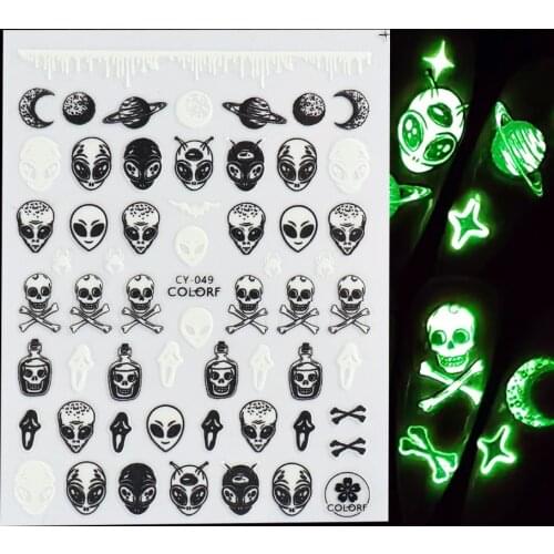 1Sheet 3D Luminous Slider Halloween Nail Art Sticker Skull Alien Planet Decals Glow In The Dark Glitter Nail Tips Decor JICY046