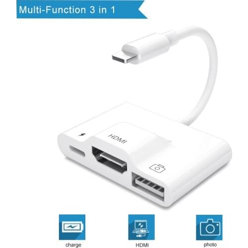 3 in 1 Lightning to HDMI/Camera Aux Cable Splitter Adapter For iPhone 12 Series/11 Series/X/XS/8 Adapter THT-016-1