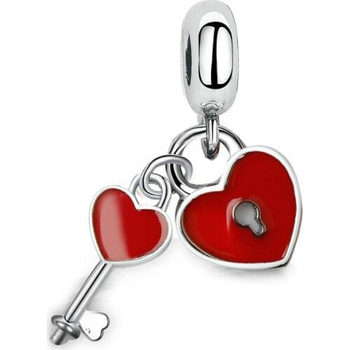 5PCS European Zinc Alloy Pendant Silver Plated Enamel Heart Lock And Key Charm Fit DIY Women Bracelet&Bangle Jewelry Making