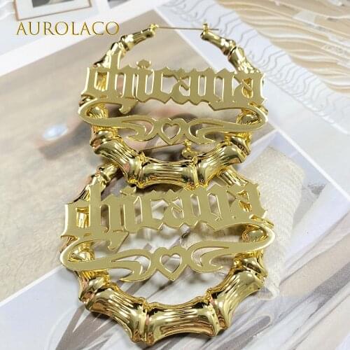 AurolaCo 30 50 70 90 100mm Hiphop Sexy Bamboo Hoop Earrings Customized Name Earrings Bamboo Style Custom Earrings
