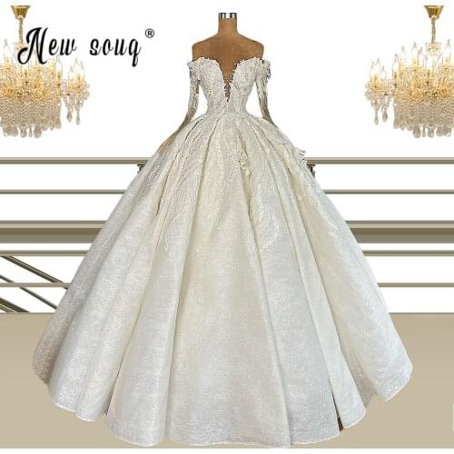 Ball Gown Wedding Dresses Ivory Lace Tulle Beading Scoop Long Sleeves Floor-Length Ball Gown Wedding Dress Bridal Dress Pageant