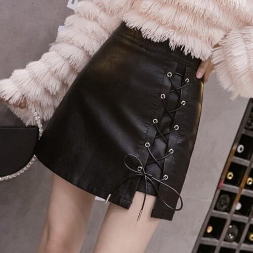 Black Bandage High Waist 2021 Autumn Winter Sexy Shorts Skirts Zipper Fly Casual PU Mini Leather Shorts Women Fashion A-line