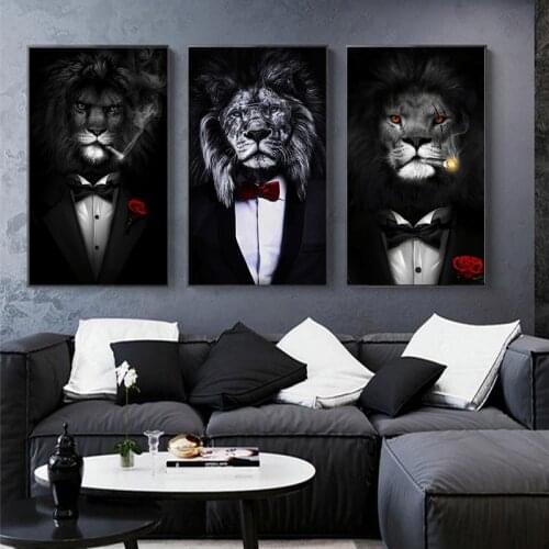 Black Wild Lion in a Suit Canvas Art Posters And Prints Abstract Lion Smoking a Cigar Canvas Paintings On the Wall Art Pictures