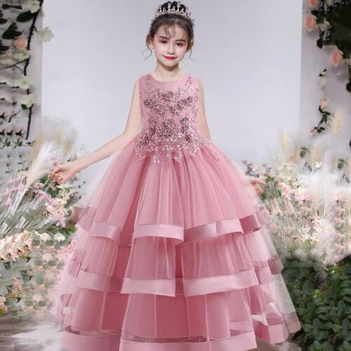 Summer Pageant Pink Flower Princess Dress Elegant Kids Dresses For Girls Clothes Children Clothes Party Wedding Dress 10 12 Year