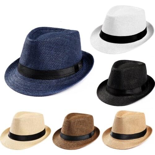 Men Sun Hat Summer Sunscreen Beach Straw Cap Wide Brims Outdoor Solid Color Black Ring Belt Cool Fishman Gentleman Hat
