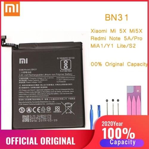 Original Phone Battery for Redmi Note 5A Prime S2 Battery Xiaomi Mi 5X A1 Mi5X BN31 Replacement bateria 5A Pro/prime Y1 MiA1 S2