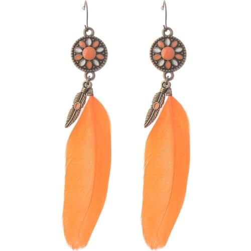 3 Colors Feather Earrings Vintage Flower Pattern Bronze Dangle Earrings Orange Purple Coffee Feather Earrings HQE380