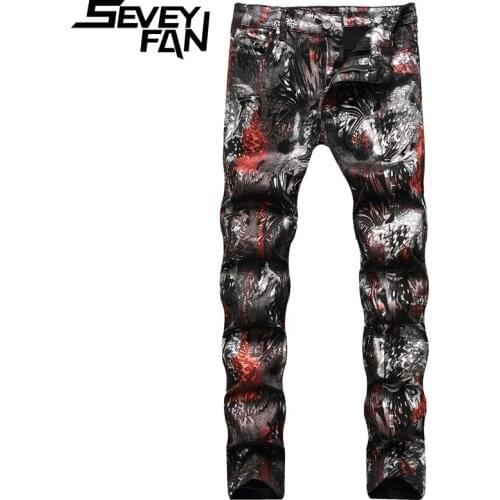 SEVEYFAN Mens Fahion Bronzing Graffiti Jeans Hand Painted Slim Denim Pants Hip Hop Streetwear Trousers for Male