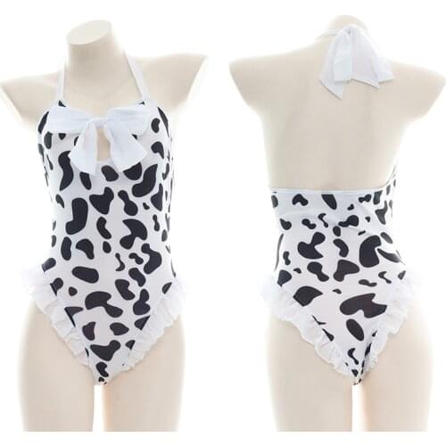Japanese Lolita Girl Bow Cows Pattern Sukumizu Bikini Set Women Swimwear Ruffle Halter Bodysuit Sexy Kawaii Pajamas Home Wear