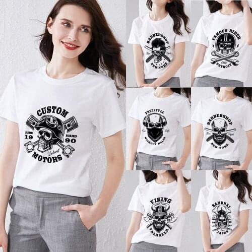 Womens Summer T-shirt Fashion White T-shirt Round Neck Ladies Casual All-match Pirate Skull Printed Graphic Series T-shirt