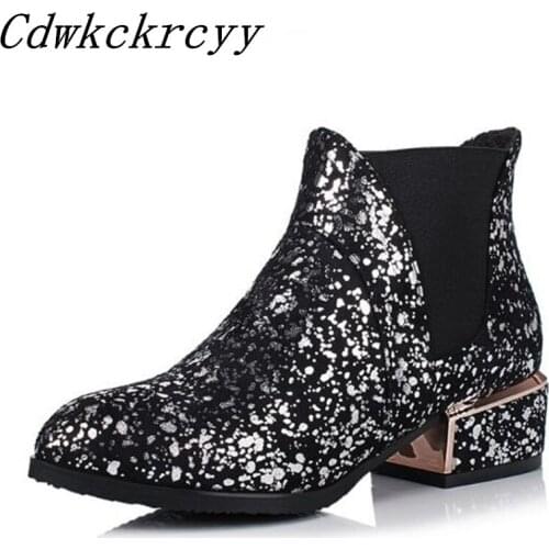 Women Boots winter New style fashion British style Sequins Trend Short boots Elastic band Sharp head Middle heel Winter boots