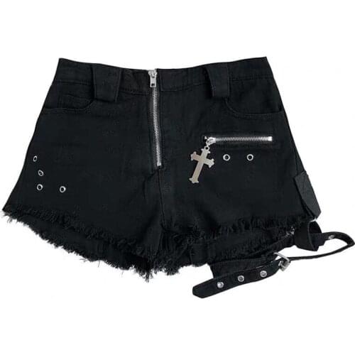 Black Solid Gothic Style Denim Women Shorts Hight Waist Zipper Jeans 2020 Fashion Streetwear Mini Straight Short