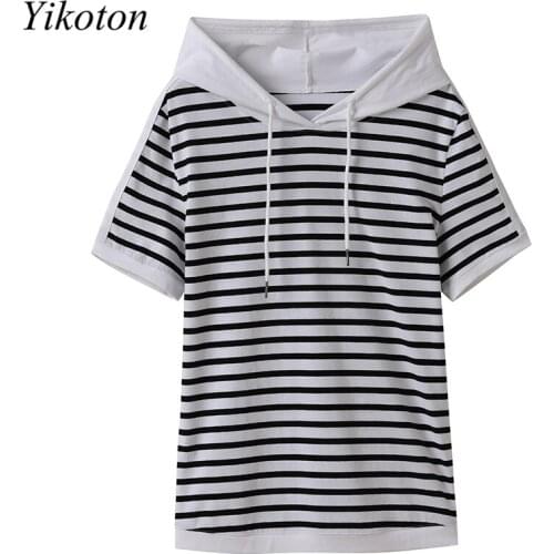 Womans T shirts Hoodies Cotton Shirt 2021 Loose Plus Size 4XL Short Sleeve Casual Slim Hooded Drawstring Women Clothing T-Shirt