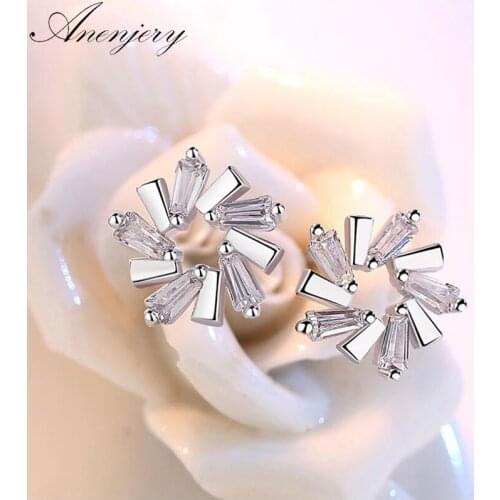 ANENJERY 925 Sterling Silver AAAAA CZ Zircon Ice Flower Stud Earrings For Women Oorbellen Brincos S-E533