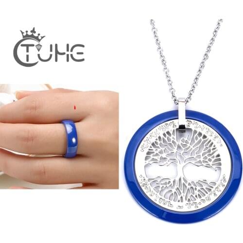 2019 New Fashion Blue Ceramic Jewelry Set Simple Vintage Party Stainless Steel Hollow Life Tree Ceramic Necklace&Ring For Women