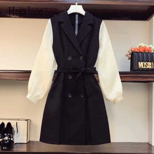 Plus Size 4XL Dresses Office Ladies Elegant Long Sleeve Patchwork Notched Double Breasted High Waist A-line Midi Vestidos Mujer