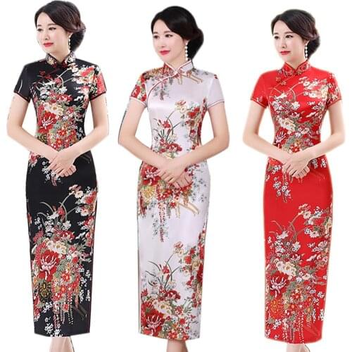 Chinese Style Flower Print Stand Collar Short Sleeve Women Slit Cheongsam Dress