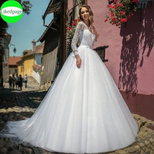 Long Sleeves Wedding Dresses 2021 Vestidos De Novia Lace Appliques Bride Gown Robe Mariage A Line Tulle Trouwjurk Boda With Bow