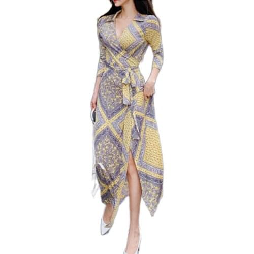 CINESSD Vintage Robe Loose Dress 2020 Women Autumn Polyester Elegant Flower Print V Neck Long Sleeve Dress Vestidos Plus Size