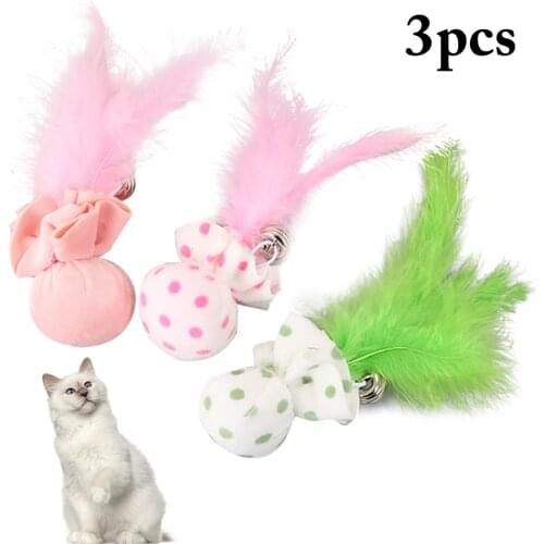 3pcs Cat Interactive Toy Feather Ball with Small Bell Plush Toys Chew Toy Artificial Colorful Cat Teaser Toy Pet Supplies