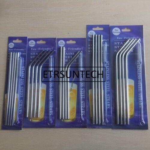 50set 4pcs Stainless Steel Metal Drinking Straw Reusable Straws + Cleaner Brush For Home Party Barware Accessories Blister pack