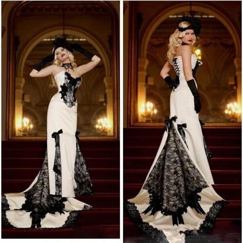 Sweetheart Lace Appliques Slim Mermaid Wedding Dresses Gothic Black And White Formal Bridal Gowns Back Vestidos De